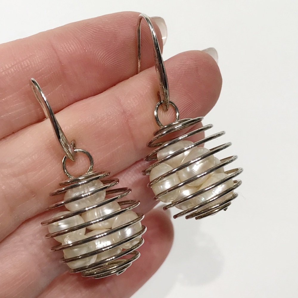Vintage Sterling Silver 925 Wire Cage 6 Baroque Pearl Egg Basket Drop Earrings - Picture 6 of 16